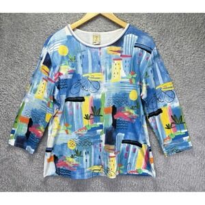 Jess & Jane Top Womens XL Artsy Bicycle Print 3/4 Sleeve Colorful Tropical